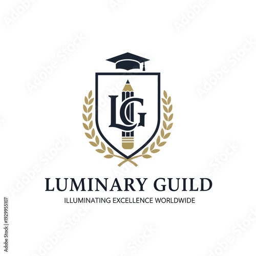 The Luminary Guild logo features a shield with the letters LG intertwined with a pencil, topped by a graduation cap and flanked by laurel branches, symbolizing education and achievement.