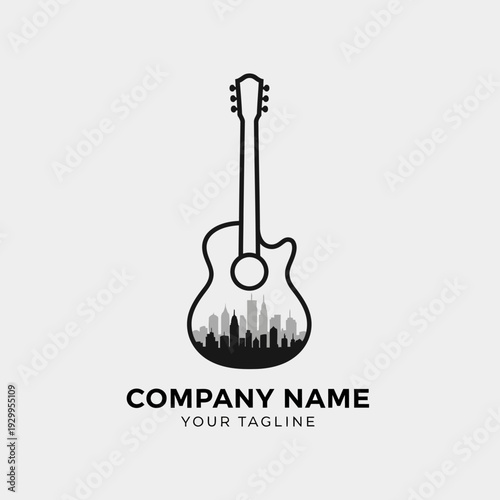 A stylized graphic logo featuring an acoustic guitar silhouette with a city skyline integrated into its body, set against a plain background.