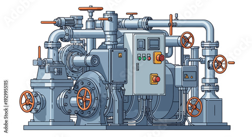 Industrial machinery equipment with pipes and valves system.