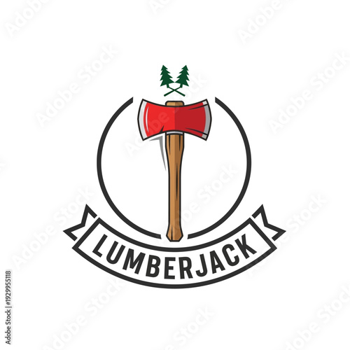 A stylized illustration of a lumberjack's axe with trees and the word "LUMBERJACK" on a banner.