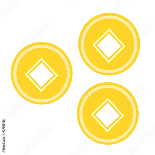 Three golden Chinese Feng Shui coins icon, symbol of luck and prosperity
