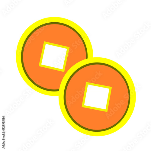 Two golden Chinese Feng Shui coins icon, symbol of luck and prosperity