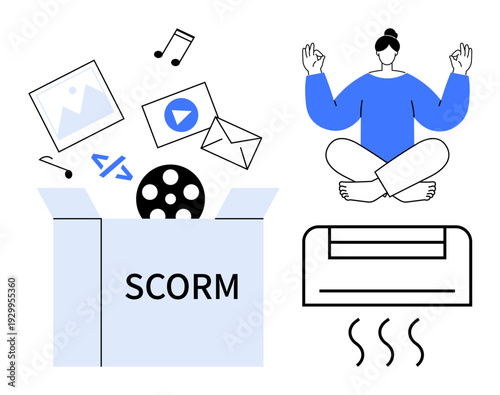 E-learning, digital training, online education, mindfulness, wellness integration, blended learning. Multimedia icons emerging from a SCORM box, meditating woman air conditioner. E-learning