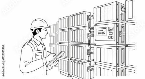 Man in hard hat with clipboard.