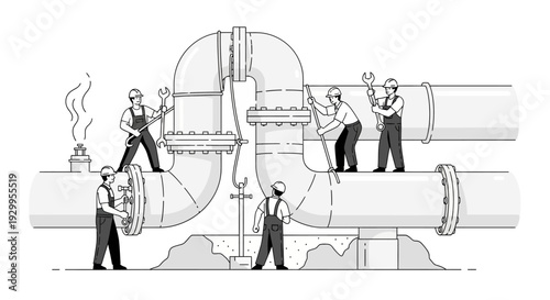 Industrial workers on large pipeline system.