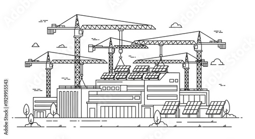 Industrial construction site with cranes.