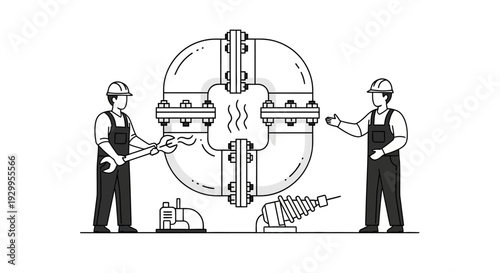 Two workers handling large metal equipment.