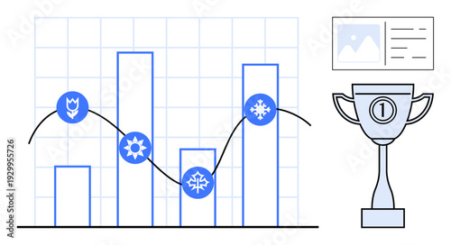 Seasonal data analysis. Graphical ation of performance trends with season symbols. Seasonal data impacts decisions, analysis accuracy, and success tracking. For business, analytics, marketing, growth
