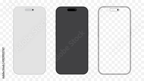 Smartphone Mockup Set with Blank Screen in Flat Line and Realistic Style Black and White 3D Mobile Phone Front View Vector