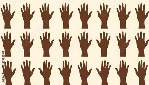 A vector graphic illustration of multiple brown hands raised in the air on a beige background