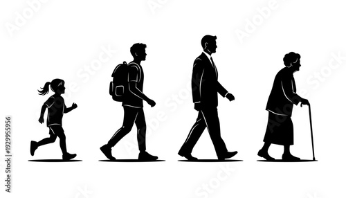 Silhouette of people walking at different stages of life.