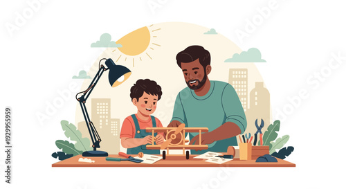 Father Son Building Toy Airplane Together