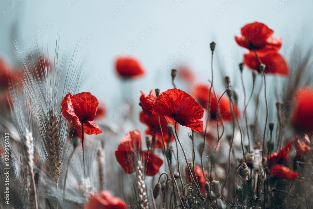Obraz premium Vibrant Red Poppies in a Wheat Field, Serene Landscape.