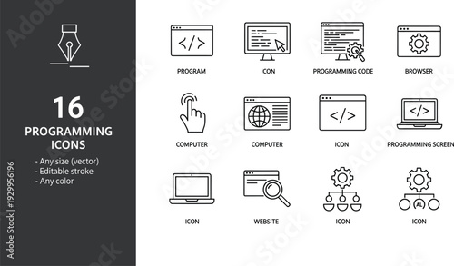Line icons for programming code web development software engineering browser windows system architecture and artificial intelligence application logic