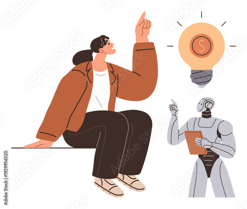 Artificial intelligence, problem-solving, innovation, technology advancement, collaboration, modern consultancy. Human and robot interacting with ideas. Innovation and AI concepts illustrated through