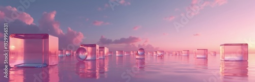 Clear geometric shapes float on reflective water surface. Translucent cubes and spheres appear against soft pink and purple sunset sky. Peaceful atmosphere, dreamy mood, gentle clouds and light.