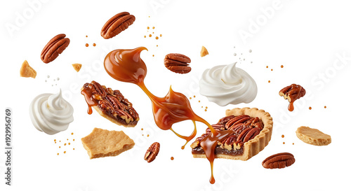 Levitating Pecan Tart with Whipped Cream and Spilled Liquid Caramel on White Background