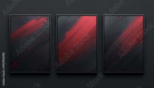 A vector graphic illustration of three abstract art frames with red brush strokes on a dark background