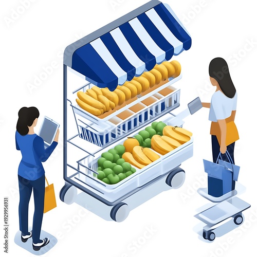 Two people interacting with a mobile fruit stand