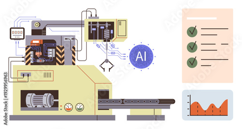 Manufacturing, artificial intelligence, automation, data analysis, quality control, technology in industry. Industrial machine with robotic arm and AI elements. Manufacturing and automation concept