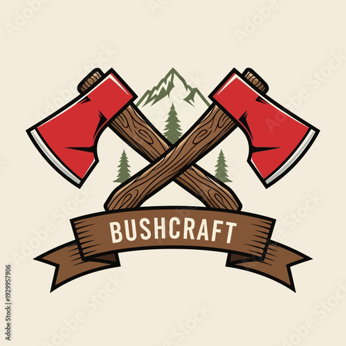 Bushcraft logo with crossed axes and wilderness elements.