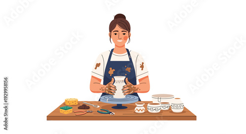 A female potter wearing a clay stained apron sits at a wooden workbench and shapes a white ceramic vase on a rotating blue pottery wheel.