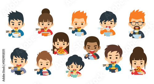 People eating food illustration, vector style graphic for restaurant, cafe, or food blog.