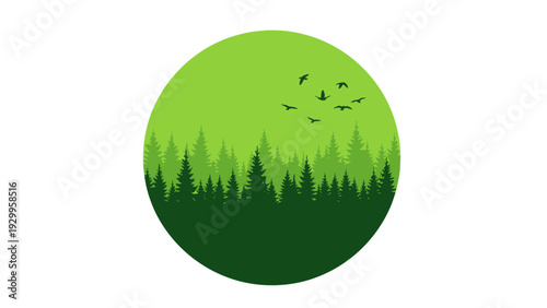 Green Circle Forest Landscape with Birds.