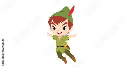 Peter Pan Vector Illustration, Cartoon Character, Flying, Green Outfit, Boy, Fantasy, Neverland