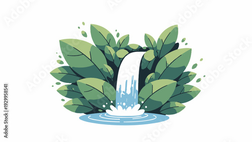 Waterfall surrounded by lush green leaves.