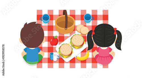 Picnic illustration, vector style graphic, with food, people, and red checkered tablecloth, for leisure and family.