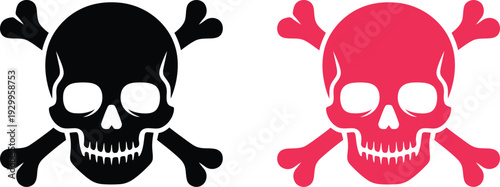 Skull and crossbones silhouettes in black and pink for danger warning and pirate theme illustrations