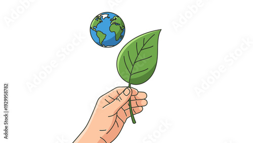 Hand holding green leaf with globe.