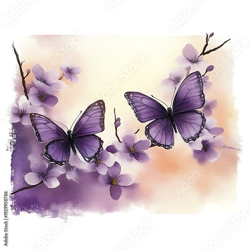 Two purple butterflies flutter amongst delicate, pastel-colored blossoms.  A soft, painted background suggests a springtime scene