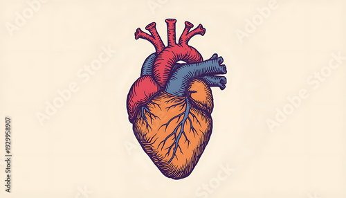 A colorful anatomical illustration of a human heart with veins and arteries