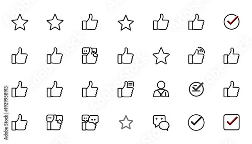A set of vector graphic icons featuring thumbs up, stars, and checkmarks in a minimalist line art style