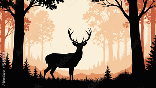 Majestic Deer Silhouette in Forest Landscape.
