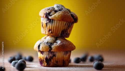 Stacked Blueberry Muffins on Wood Surface with Yellow Backdrop.