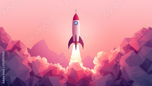 A rocket ship blasts off into a pink sky amidst geometric mountains