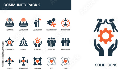 Two-tone solid icons for community support friendship network leadership partnership and social togetherness for non-profit organizations