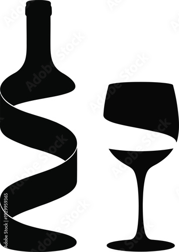 Elegant bottle of wine with swirling ribbon and wine glass for drinking and celebration event