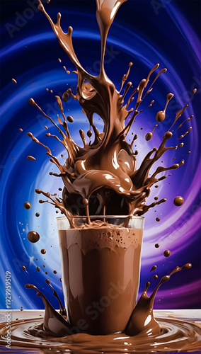 Dramatic Chocolate Splash in Glass with Swirl Background