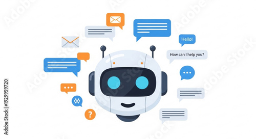 Friendly cartoon robot head with glowing blue eyes and antennae surrounded by colorful speech bubbles and communication icons representing artificial intelligence
