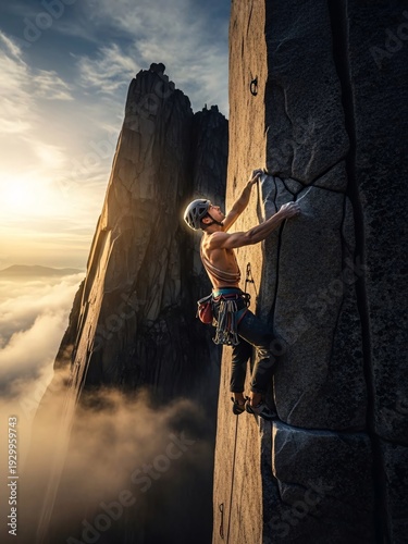 Male climber climbing a challenging route on a rocky wall at sunset