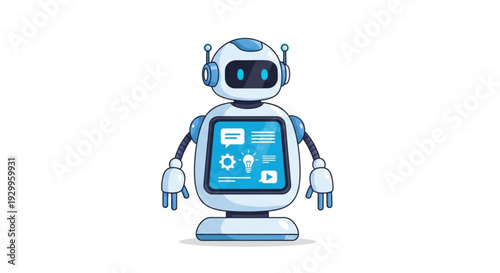 Cute robot with headphones and screen displaying icons on chest standing on white background futuristic technology concept