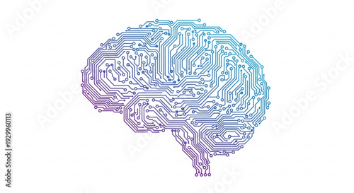 Abstract digital brain silhouette composed of glowing blue and purple circuit board pathways symbolizing artificial intelligence neural networks and advanced technology