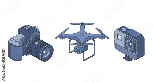 A DSLR camera, a quadcopter drone, and an action camera are displayed in a blue isometric illustration against a plain white background.