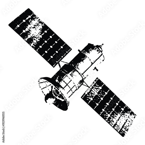 Black and white illustration of hand drawn style space satellite with large solar panels and communication antenna vector art