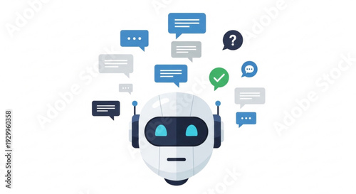 Robot head with blue eyes and speech bubbles representing ai communication and chatbot technology