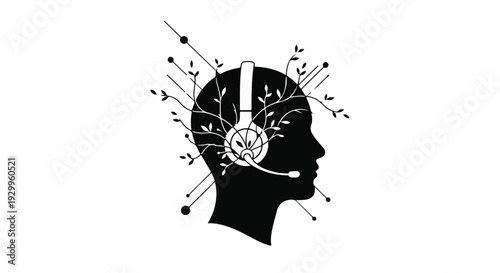 Silhouette of a person wearing a headset with musical notes and arrows